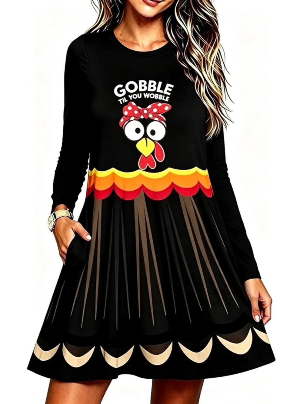 🆕Women's Thanksgiving Gobble Til You Wobble Turkey Feather Swing Dress